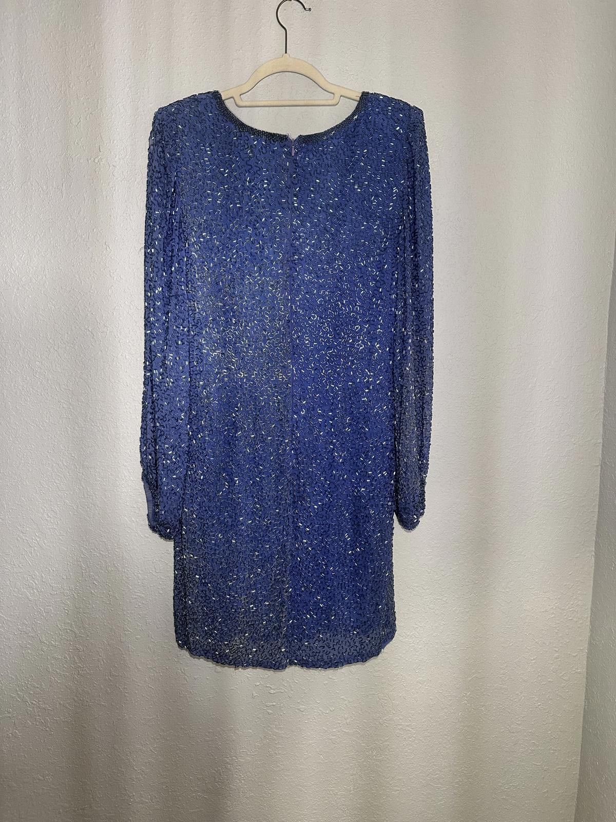 Designer VINTAGE Blue Beaded Dress by Black Tie - Oleg Cassini Size M / US 6-8 / IT 42-44 - 5 Thumbnail