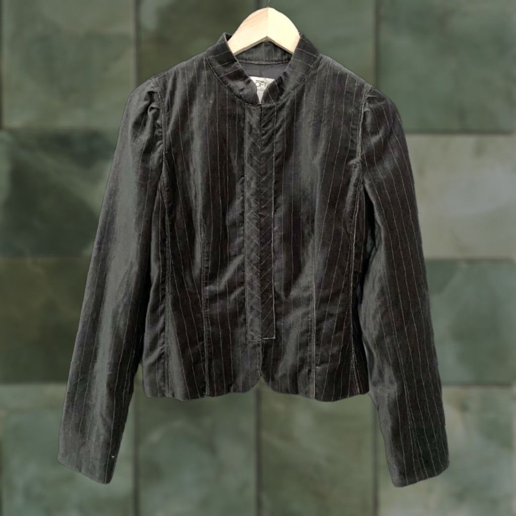 Ann Taylor VINTAGE Ann Taylor LOFT Womens Suit Jacket Gray Striped Hook And Eye Lined Mock Neck S/4 Size S / US 4 / IT 40 - 1 Thumbnail