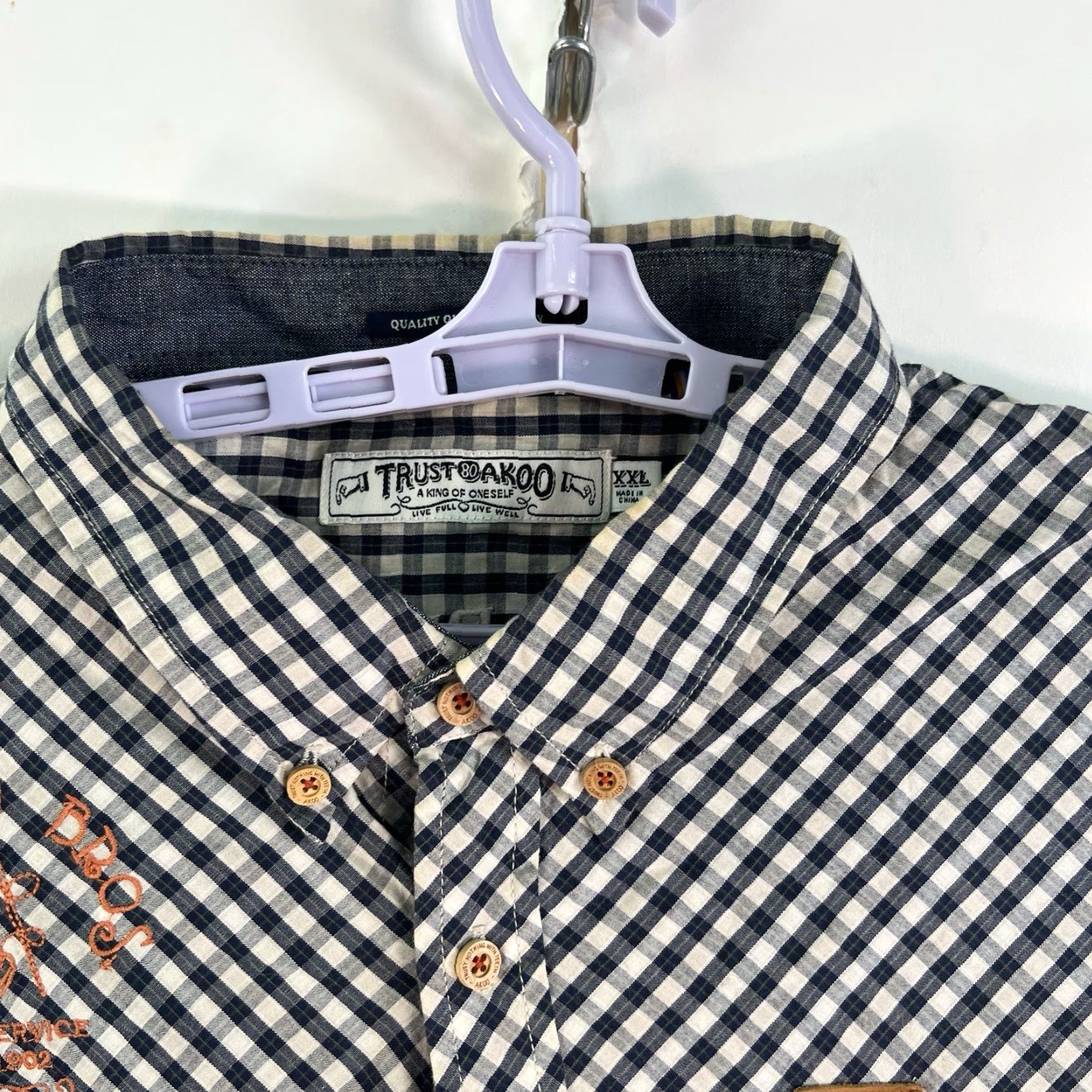 Vintage AKOO Button-Down Shirt Mens 2XL Embroidered Check Blue Vintage 90s Tailors Down Texture Casual Workwear Shirt Size US XXL / EU 58 / 5 - 5 Thumbnail