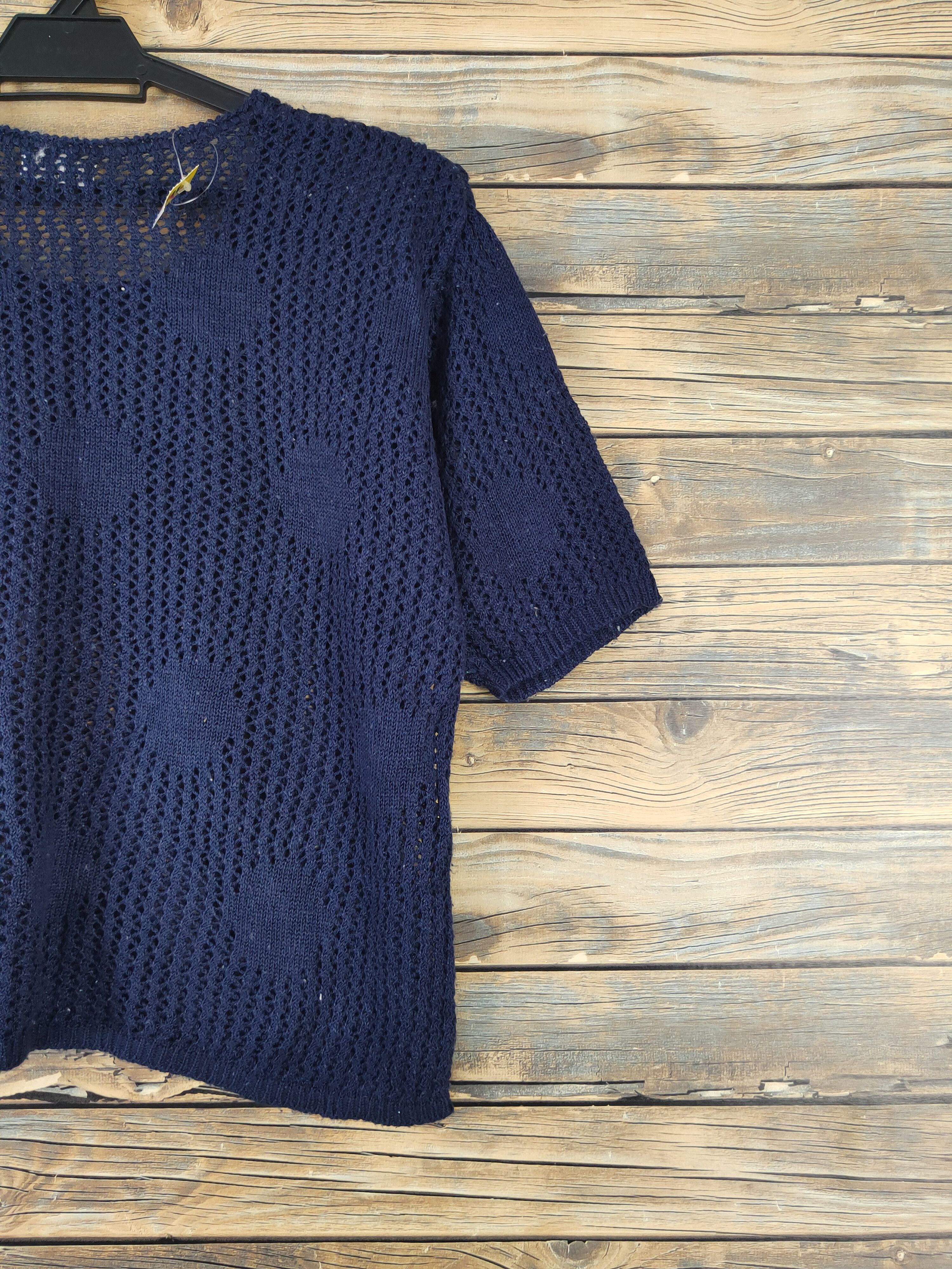 Aiso Navy MeshNet crochet Knitwear Short Sleeve #W1292