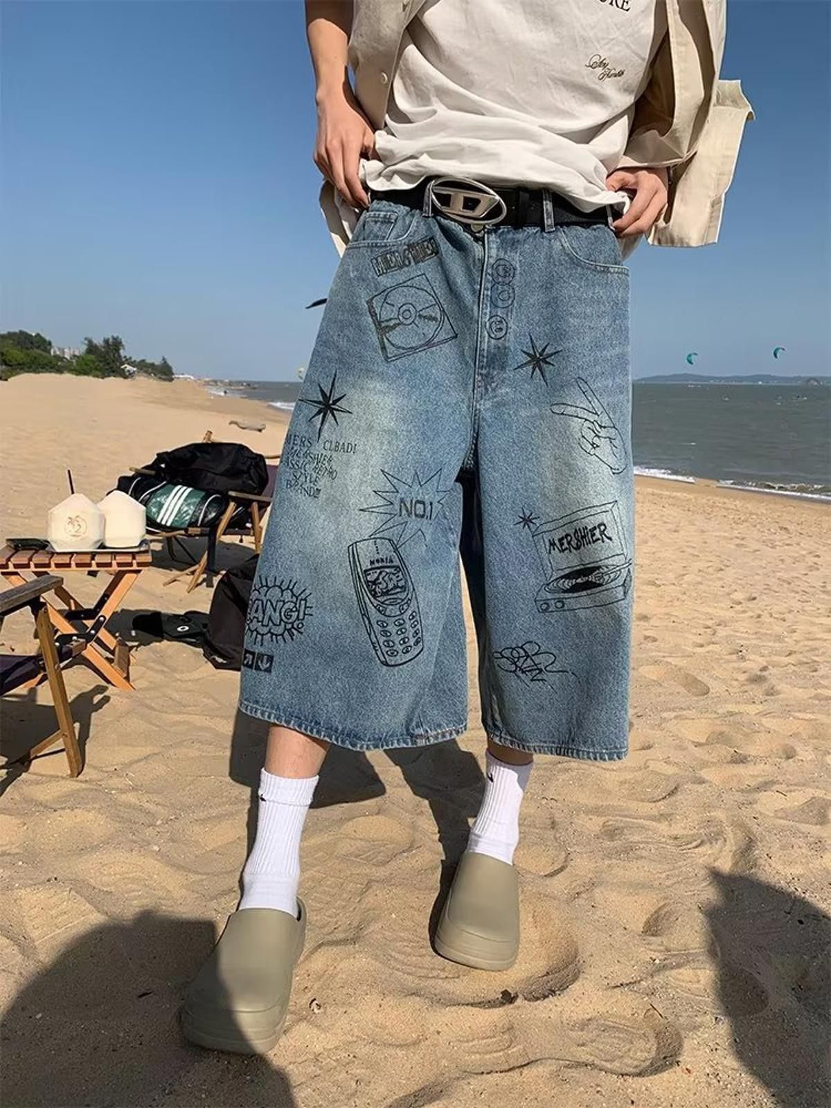 Graffiti Graphic Wide-Leg Denim Shorts