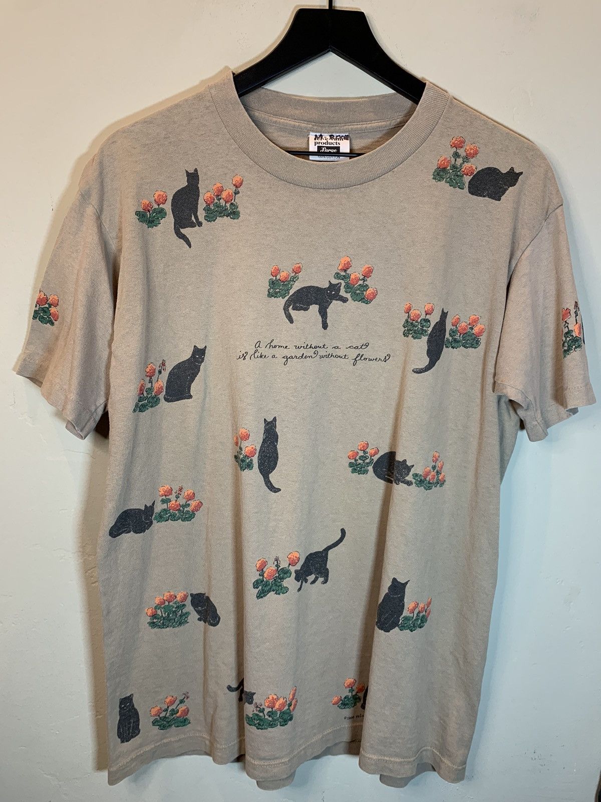 Vintage *RARE* Vintage 90s Cat Flowers Art AOP Single Stitch T-Shirt Size US L / EU 52-54 / 3 - 1 Thumbnail