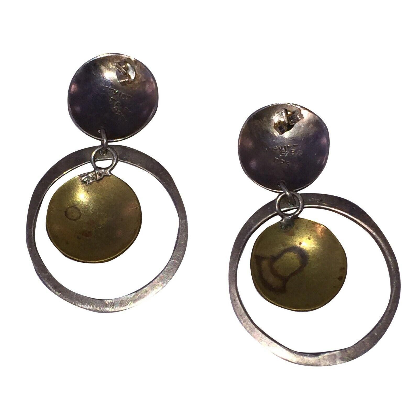 Handmade Mexican Brutalist Sterling & Brass Disc Hoop Earrings Size ONE SIZE - 4 Thumbnail