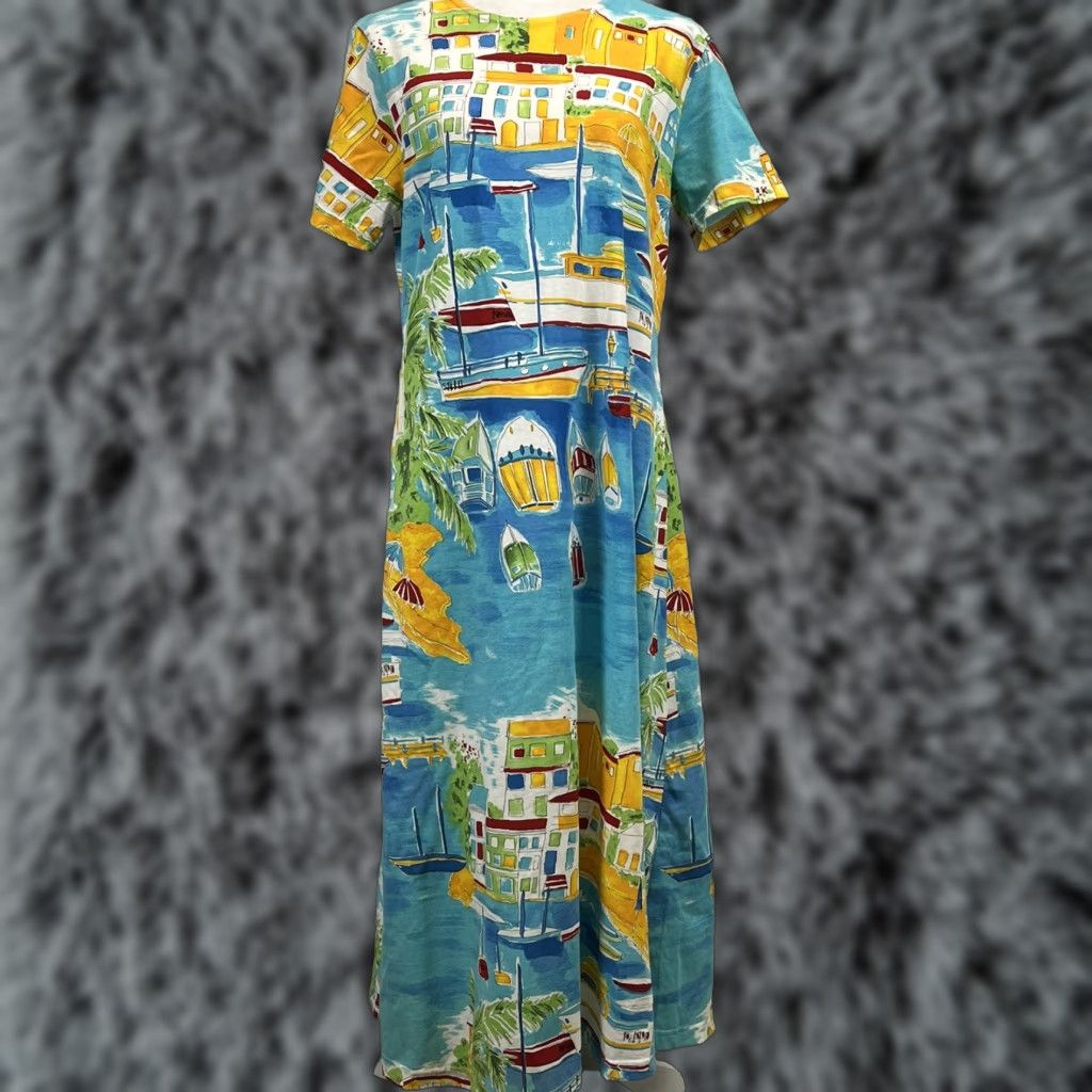 Vintage VINTAGE Laguna Bay Maxi Dress Shirt Dress Women Short Sleeve  Multicolor 90s Cruise EUC M/L | Grailed