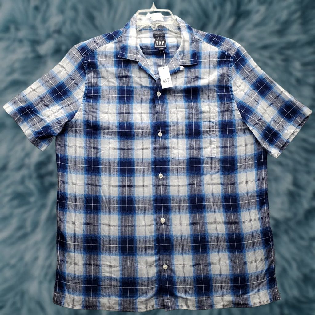 Gap Gap Dobby Camp Shirt Mens M Multi Plaid Linen Short Sleeve Collared Button Up Size US M / EU 48-50 / 2 - 1 Thumbnail