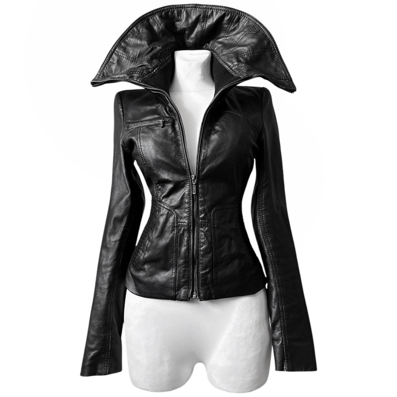 Vintage fitted leather biker avant garde jacket with large collar Size S / US 4 / IT 40 - 2 Thumbnail