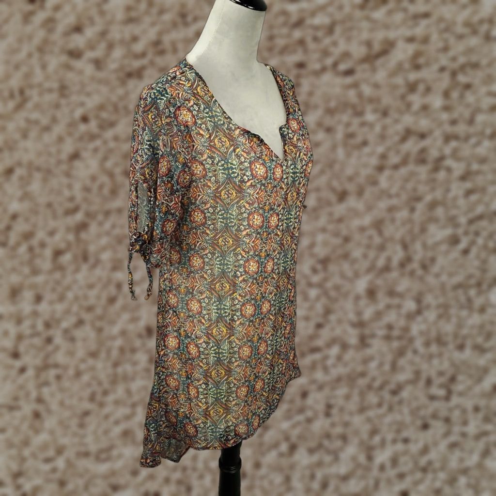 Vintage R Cinco Ranch Womens Boho Shift Dress Short Sleeve V-Neck Lined Sheer Blue Mini Casual Dress M Size M / US 6-8 / IT 42-44 - 1 Thumbnail