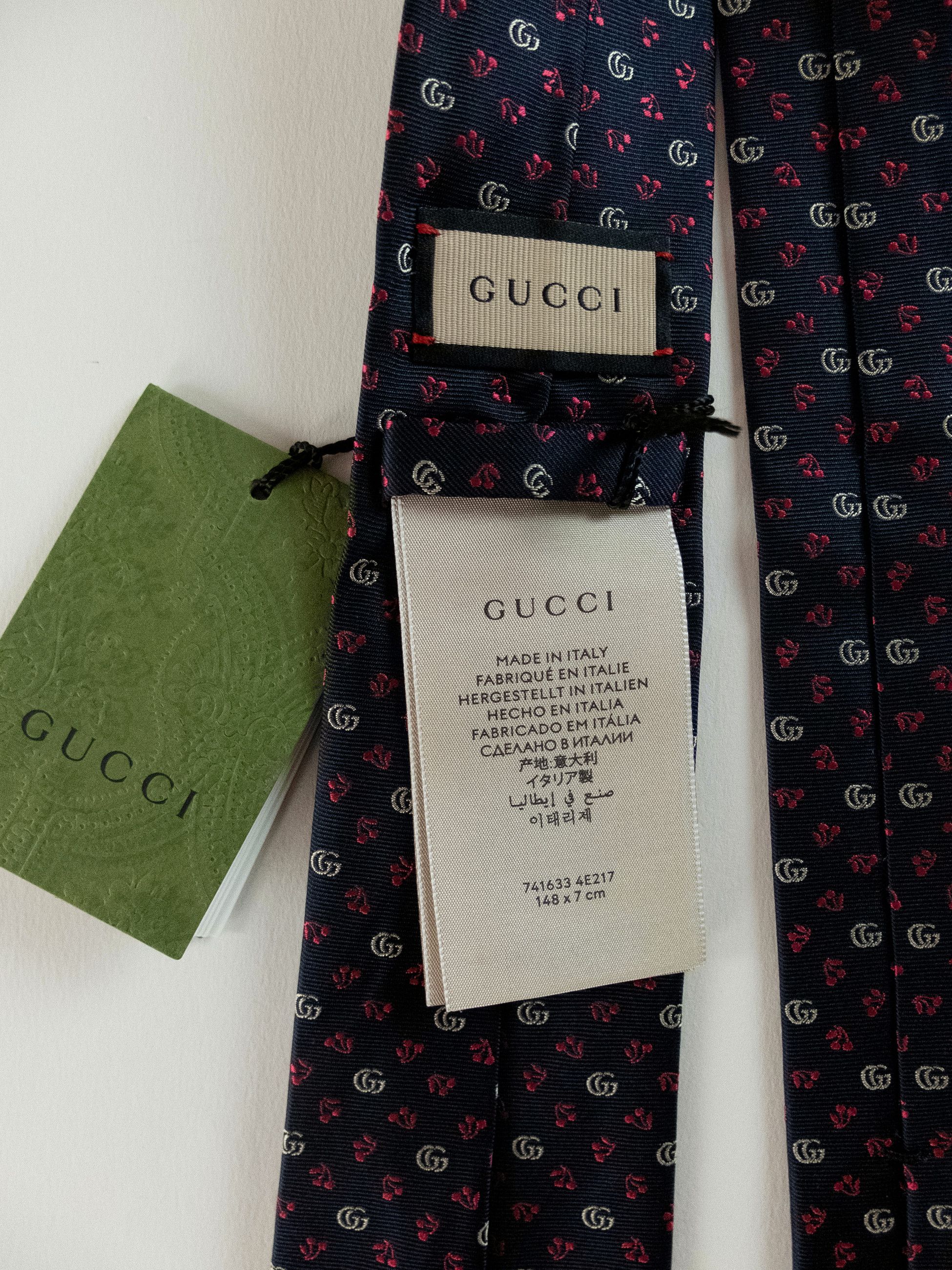 Gucci GUCCI navy blue cherry & interlocking G logo silk tie Size ONE SIZE - 5 Thumbnail