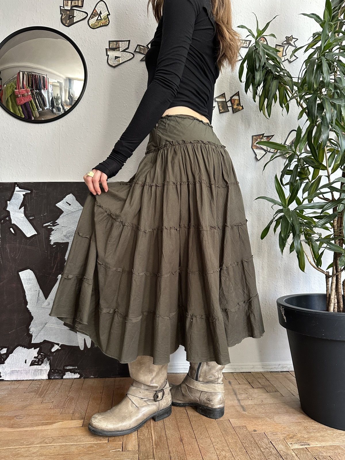 Seditionaries Vintage Boho Fairy Goblin Core Ruffle Khaki Skirt 00s Size 27" / US 4 / IT 40 - 2 Thumbnail