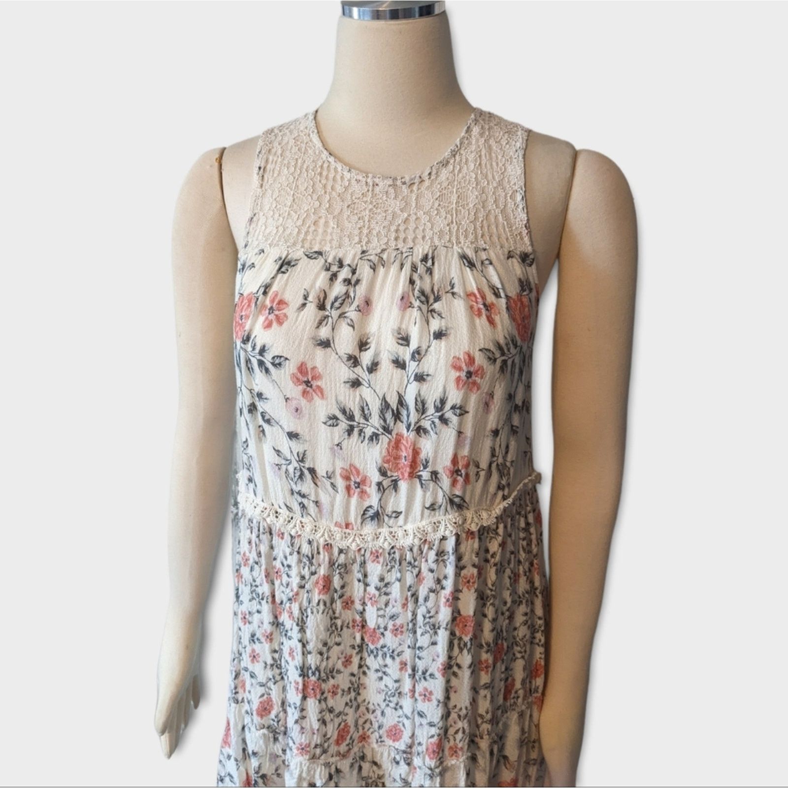 Other BLUE RAIN Cream Floral Tiered Dress w/ Lace Shoulder Medium Size M / US 6-8 / IT 42-44 - 5 Thumbnail