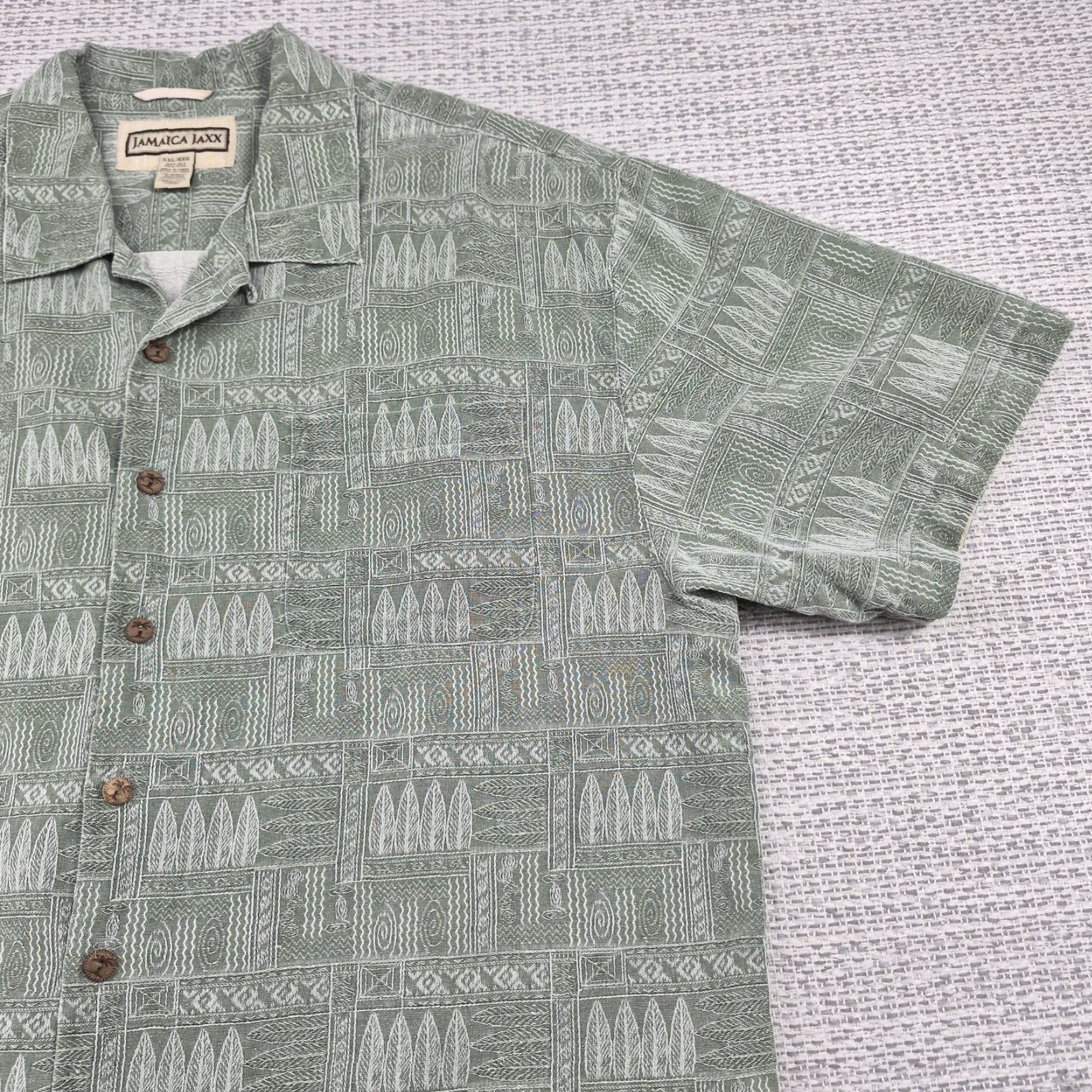 ALOHAS VINTAGE Jamaica Jaxx Button Up Shirt Mens 2XL Green Silk Geometric Hawaiian Aloha Size US XXL / EU 58 / 5 - 2 Thumbnail