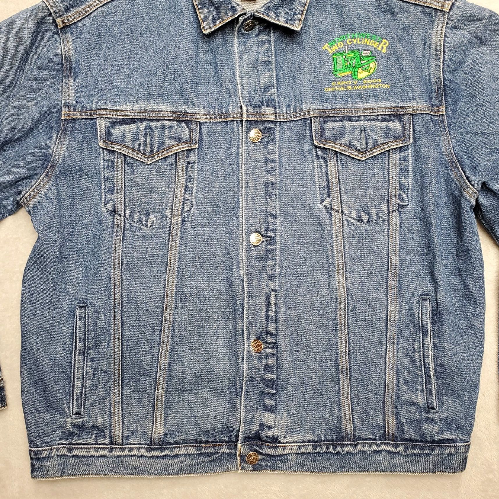 Port Authority VINTAGE Tractor Club Jacket Mens Large Blue Jean Denim Trucker two cylinder Size US 33 - 3 Thumbnail