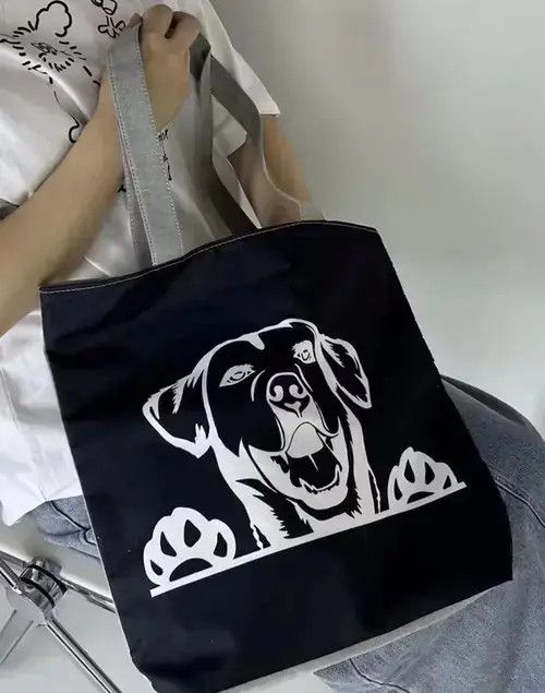Fashion Y2K Cartoon Dog Print Canvas Tote Bag in Black, Men's