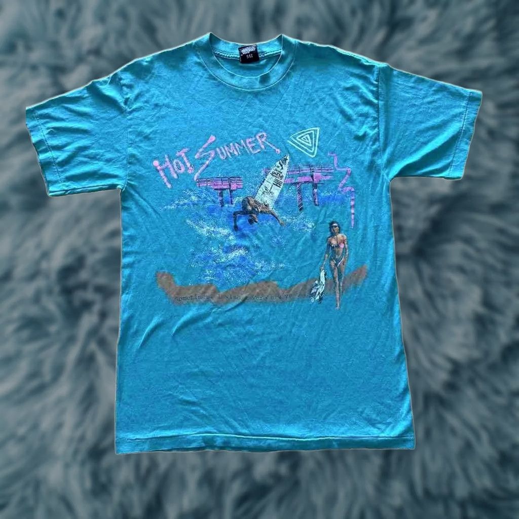 Vintage VINTAGE Top Half Tee Large Blue Summer 80s Single Stitch “I Wish I Were A Wave” Hot Size US L / EU 52-54 / 3 - 1 Thumbnail