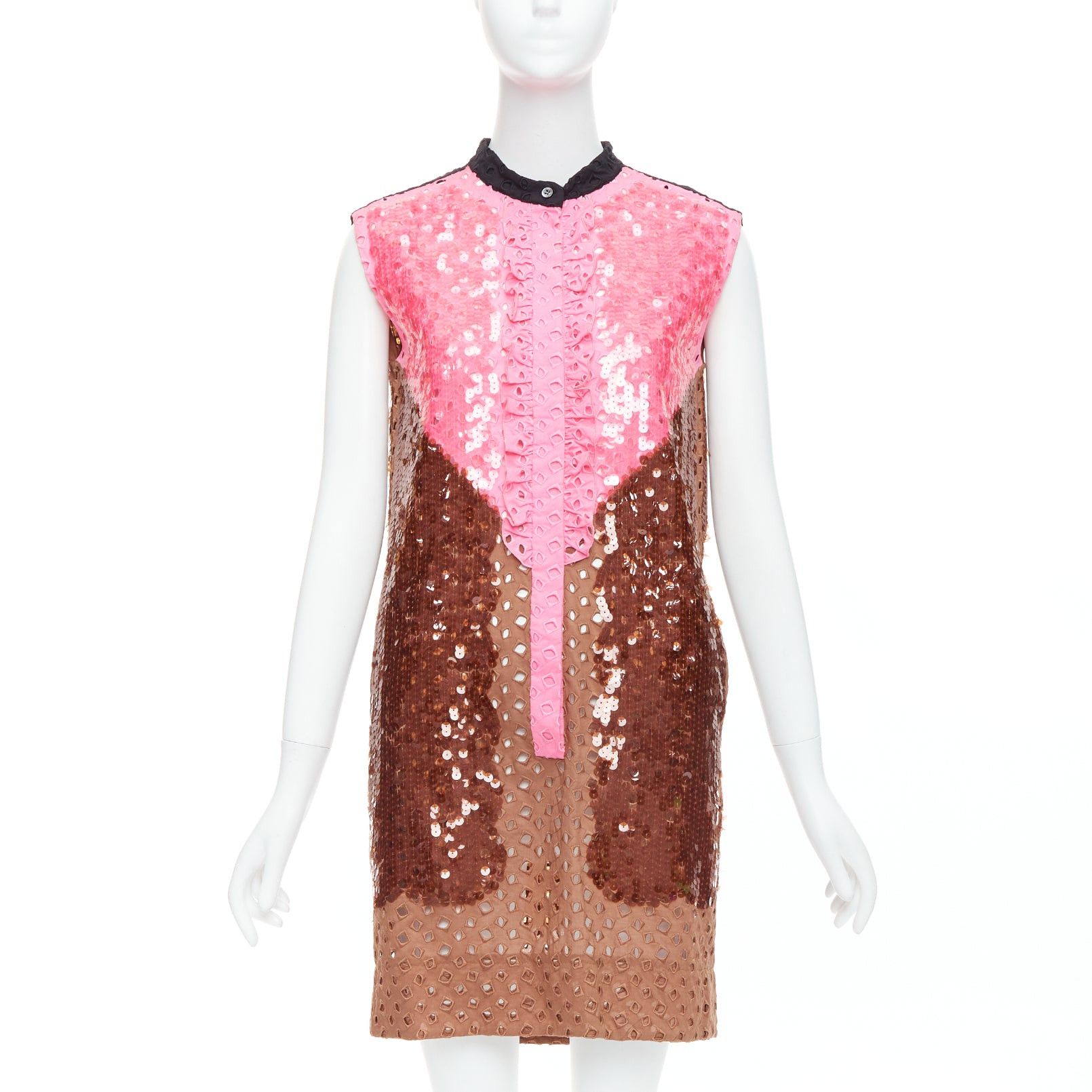 Louis Vuitton rare LOUIS VUITTON pink brown colorblock sequins embroidery anglais dress FR34 XS Size XS / US 0-2 / IT 36-38 - 1 Thumbnail