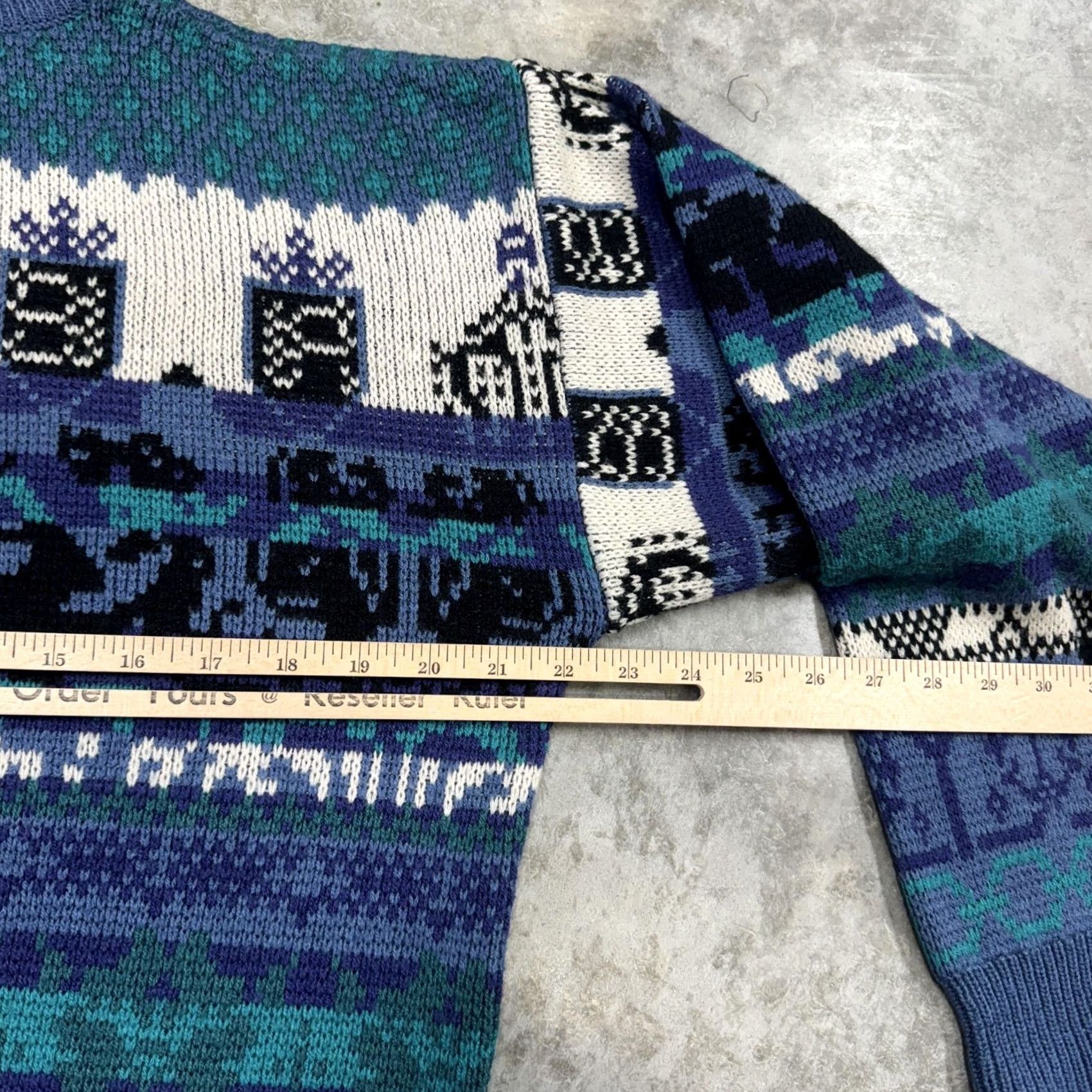 Saturdays NYC Vintage Saturdays Sweater Mens Medium Blue Teal Acrylic Knit Pattern 80s Retro Graphic Print Crew Neck Pullover Size US M / EU 48-50 / 2 - 5 Thumbnail