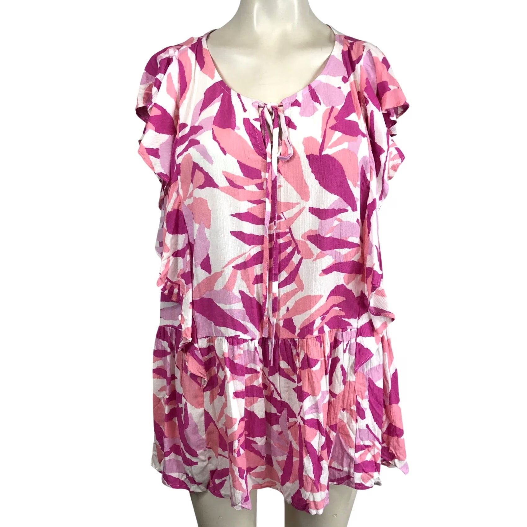 Vintage VINTAGE? No. Emily WONDER Women's 3X Pink White Floral Leaf Print Tunic Dress Ruffle Tie Neck Size XXL / US 16-18 / IT 52-54 - 2 Thumbnail