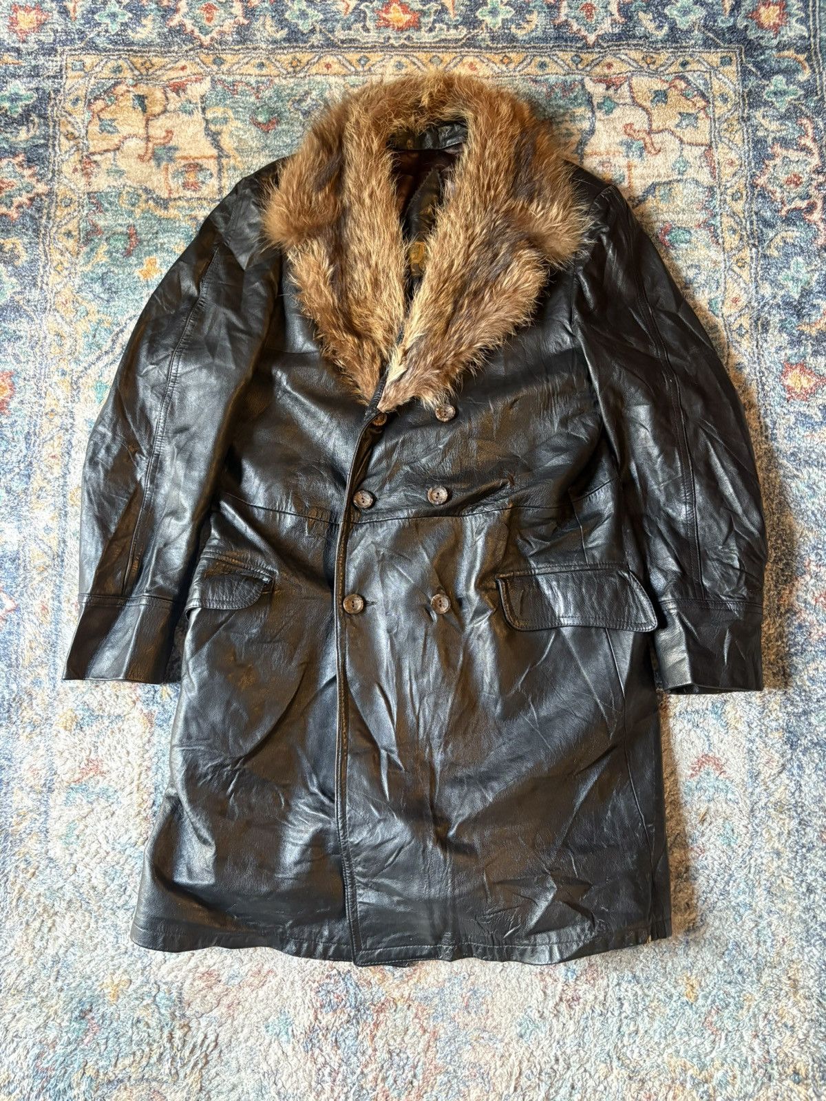 Vintage Vintage 70s JJ Canada Fur Collared Long Leather Trench Coat Size US L / EU 52-54 / 3 - 1 Thumbnail