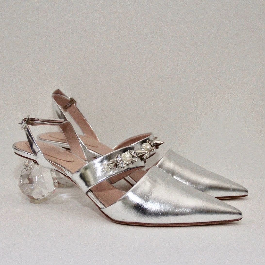 image of Simone Rocha Silver Leather Slingback Mule Shoess Shoes, Women's (Size 10)