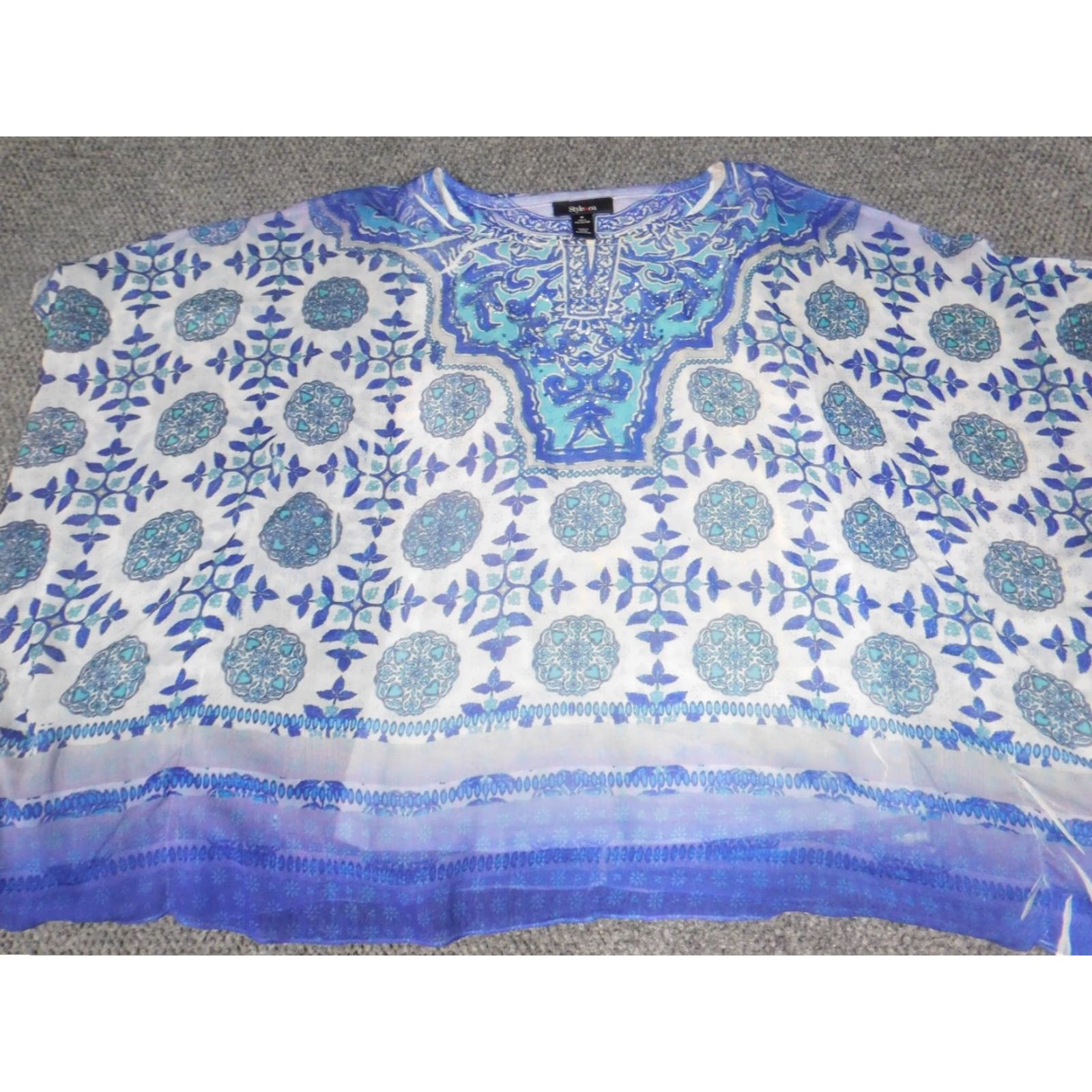 Vintage Style&Co Womens Blouse Cap Sleeve Medium Blue Crew Neck Pullover Ruffle Casual Regular Classic Polyester Rayon Vintage No Blouse Size M / US 6-8 / IT 42-44 - 3 Thumbnail