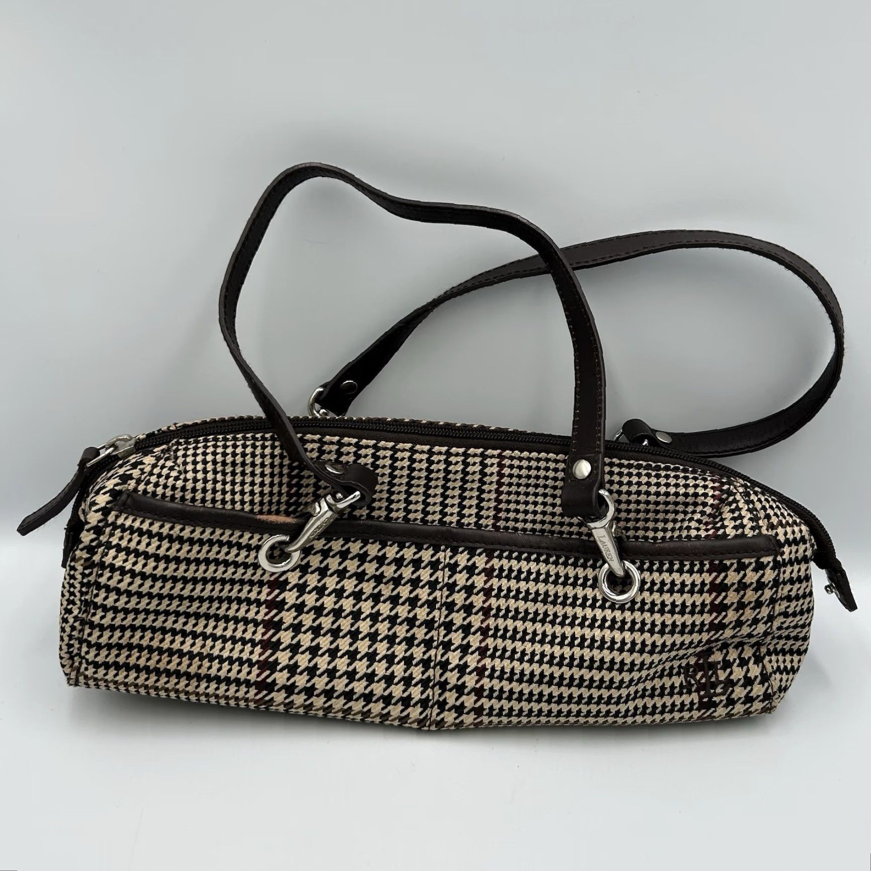 Ralph Lauren VINTAGE Lauren Ralph Lauren Womens Brown Multi Houndstooth Fabric Zip Shoulder Bag Size ONE SIZE - 4 Thumbnail