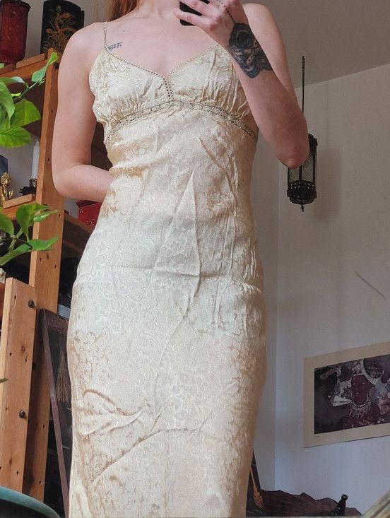 Zara Zara Woman Gold Satiny Lace Maxi Goddess Dress - Size 10 Size L / US 10 / IT 46 - 2 Thumbnail