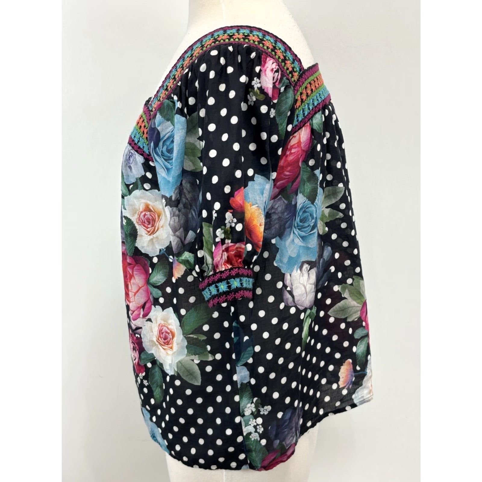Johnny Was Johnny Was Floral Polka Dot Shirt Top Women's Small Multicolor Puff Sleeve Square Neck Embroidered Regular Fit Size S / US 4 / IT 40 - 2 Thumbnail