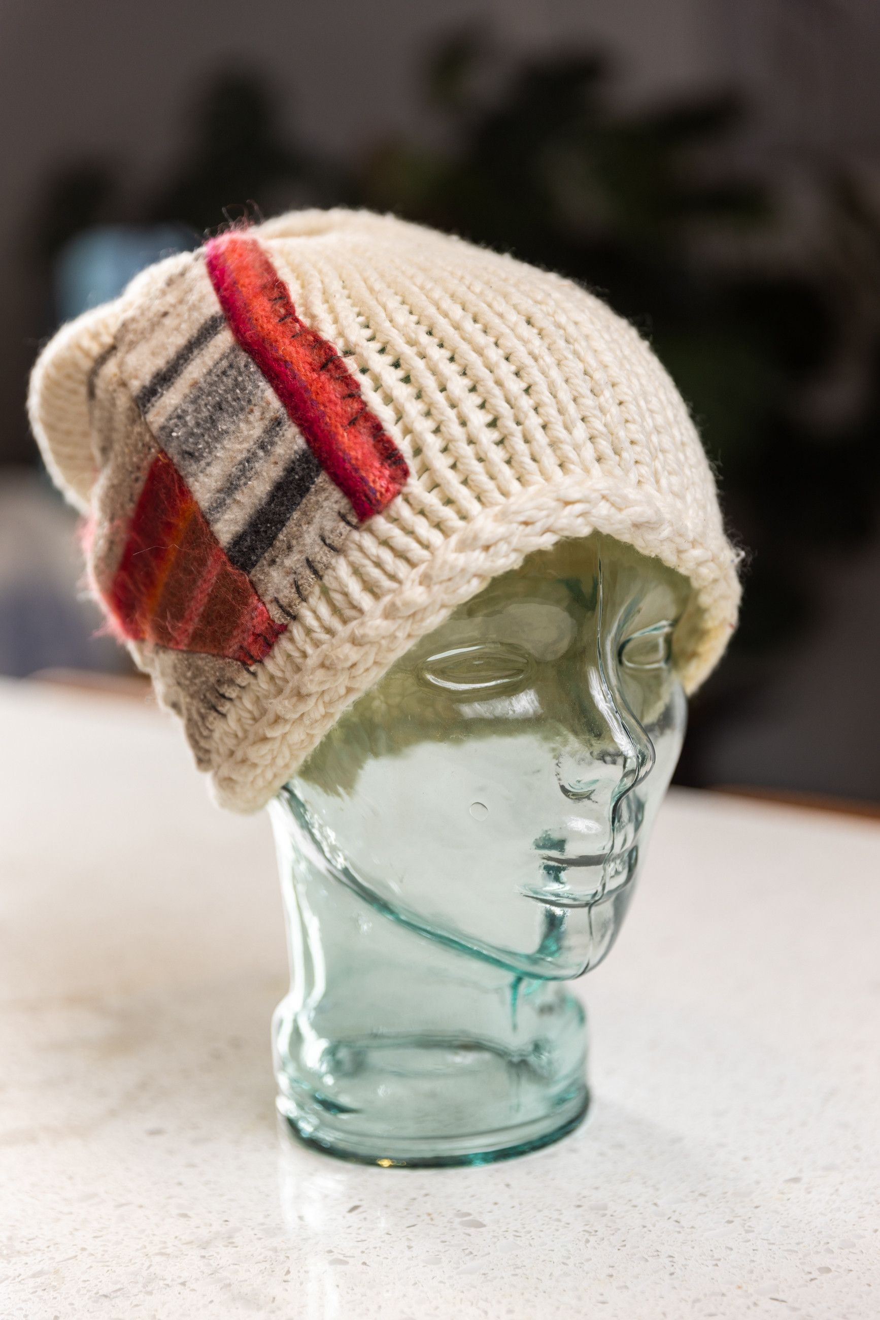 image of Greg Lauren Knit Patchwork Beanie in Cream, Men's