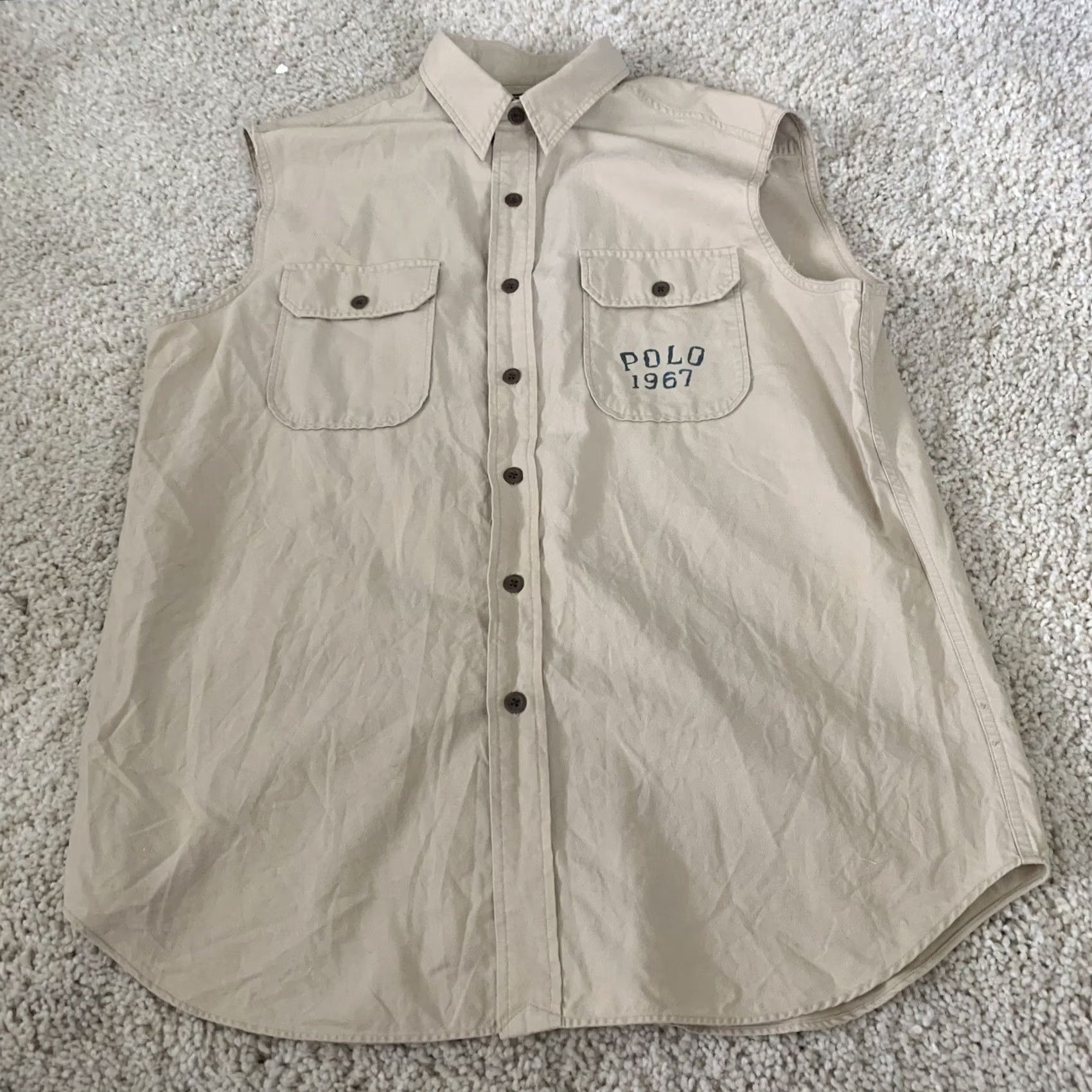 Polo Ralph Lauren VINTAGE Polo Ralph Lauren RL 67 Shirt Mens L Sleeveless BeigexCut Off Button-Up Collared Logo Pockets 80s 90s Size US L / EU 52-54 / 3 - 3 Thumbnail
