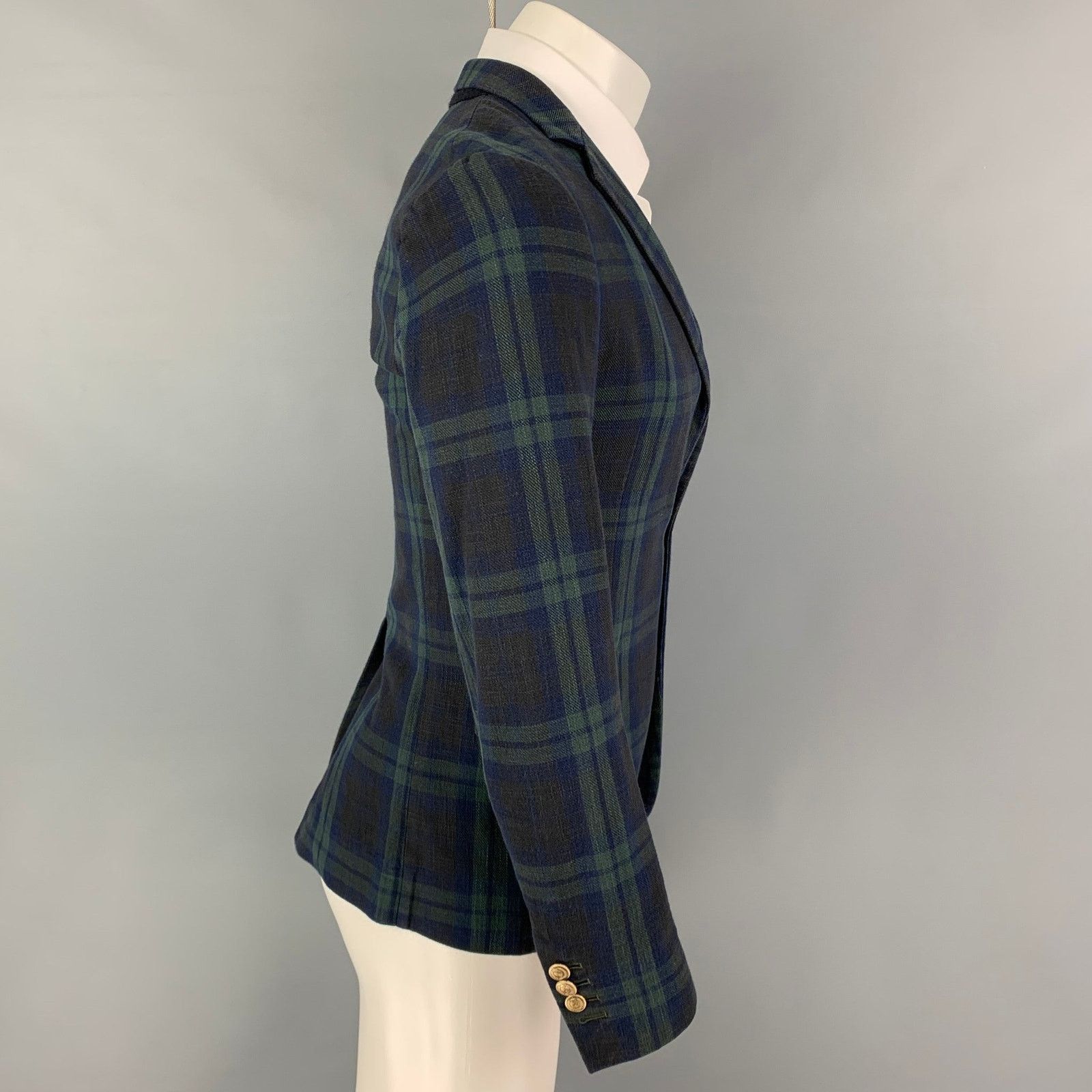 Dsquared2 Size 36 Navy Green Blackwatch Plaid Cotton Sport Coat Size 36R - 3 Thumbnail