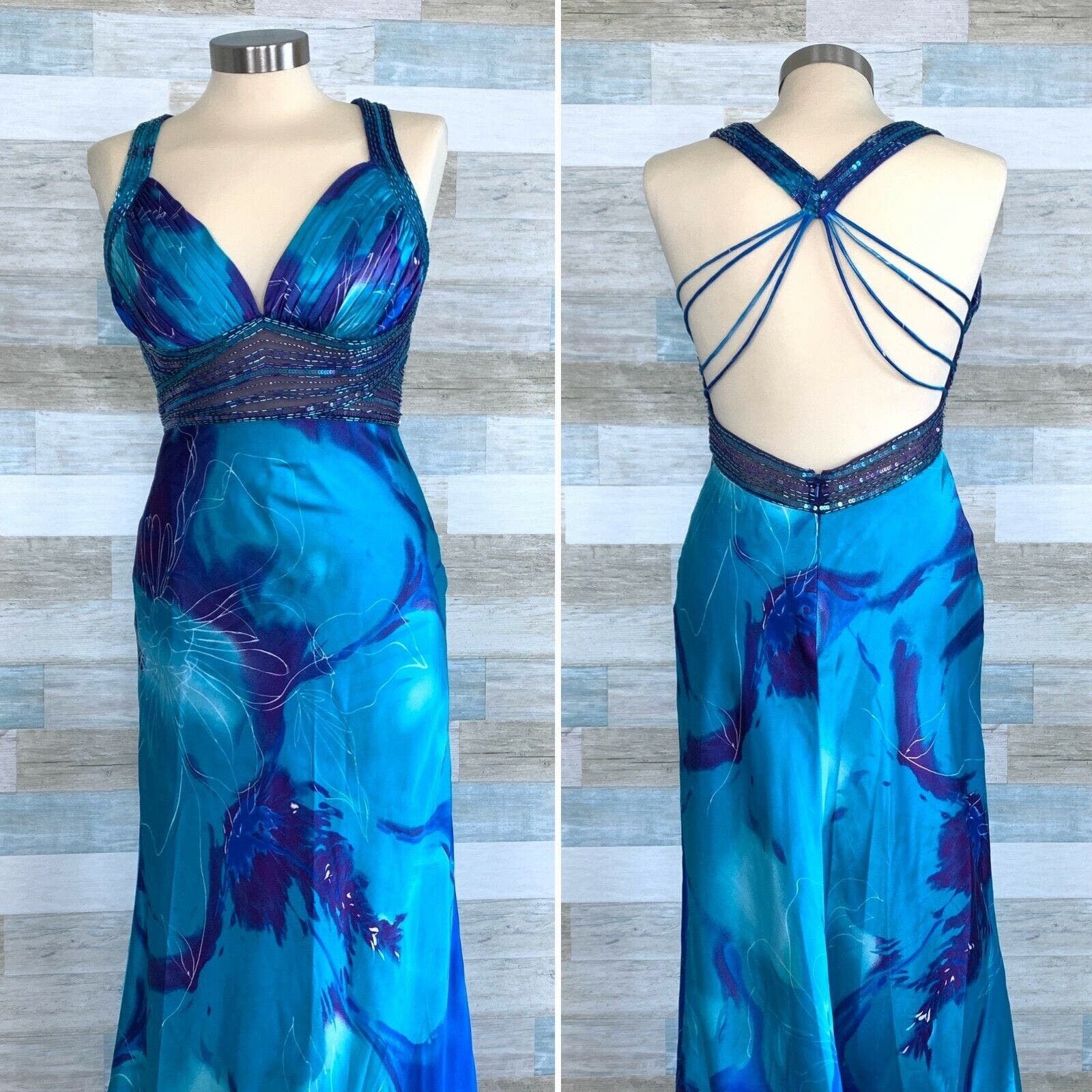 image of Cache Sequin Beaded Open Back Satin Gown Blue Floral 6, Women's (Size Medium)