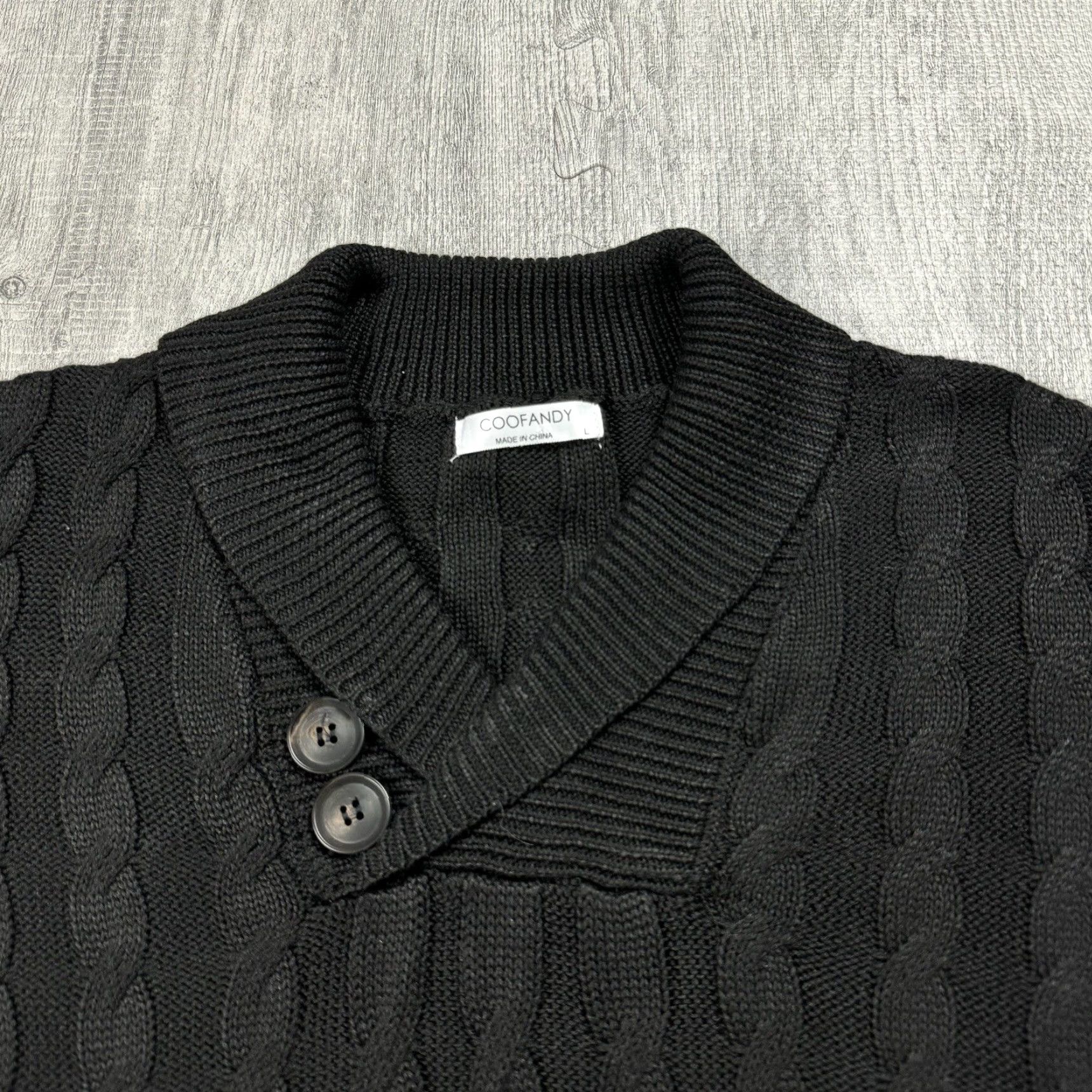 Vintage COOFANDY Men's Slim Fit Cable-Knit Sweater Pullover with Shawl Collar and Button Detail Size L Black Size US L / EU 52-54 / 3 - 2 Thumbnail