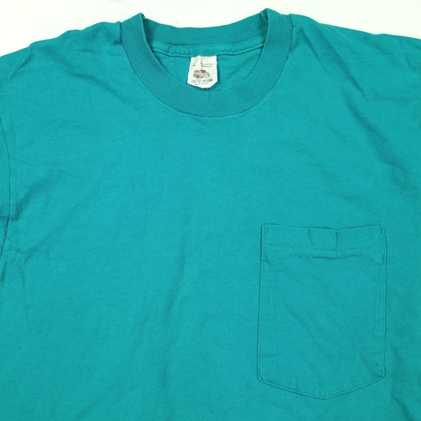Fruit Of The Loom VINTAGE Fruit of the Loom T-Shirt Teal Pocket Selvedge 80s 90s Rock Punk Grunge Graphic Print Crew Neck Mens S Blue USA Made Size US S / EU 44-46 / 1 - 2 Thumbnail
