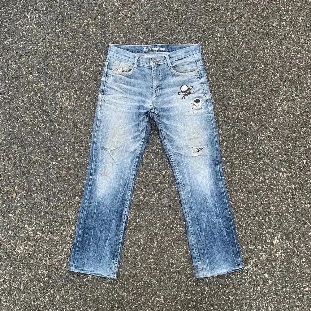 Tornado Mart SUN FADED SKULLS DISTRESSED DENIM TROUSERS BE AMBITION JEANS Size US 32 / EU 48 - 2 Thumbnail