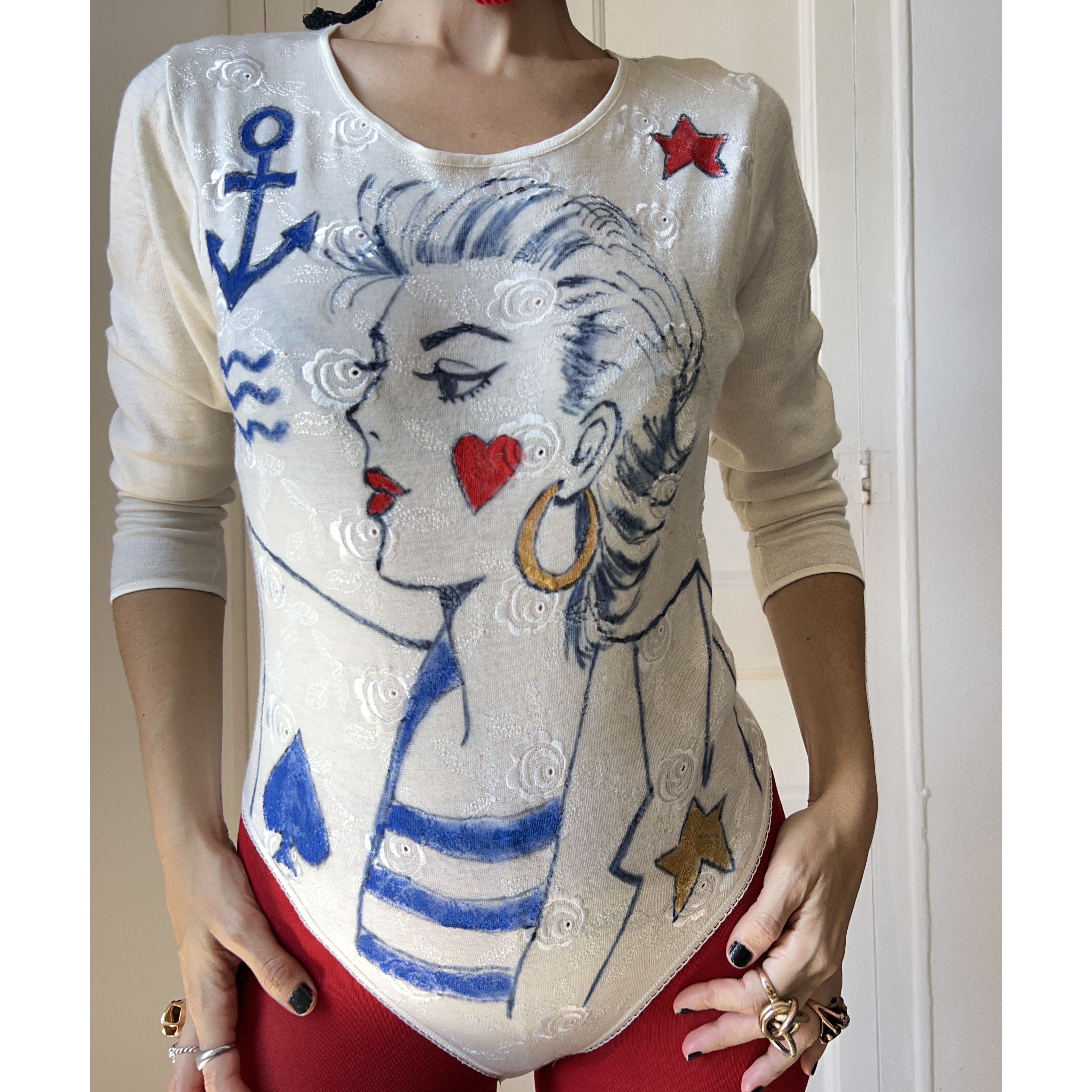 Custommade Hand Painted Nautical Style Vintage Italian Wool Bodysuit Size S / US 4 / IT 40 - 4 Thumbnail