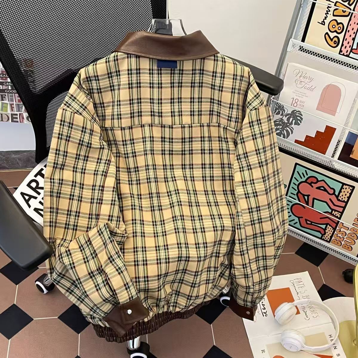 Vintage Plaid Bomber Jacket with Brown Leather Collar Size US M / EU 48-50 / 2 - 3 Thumbnail