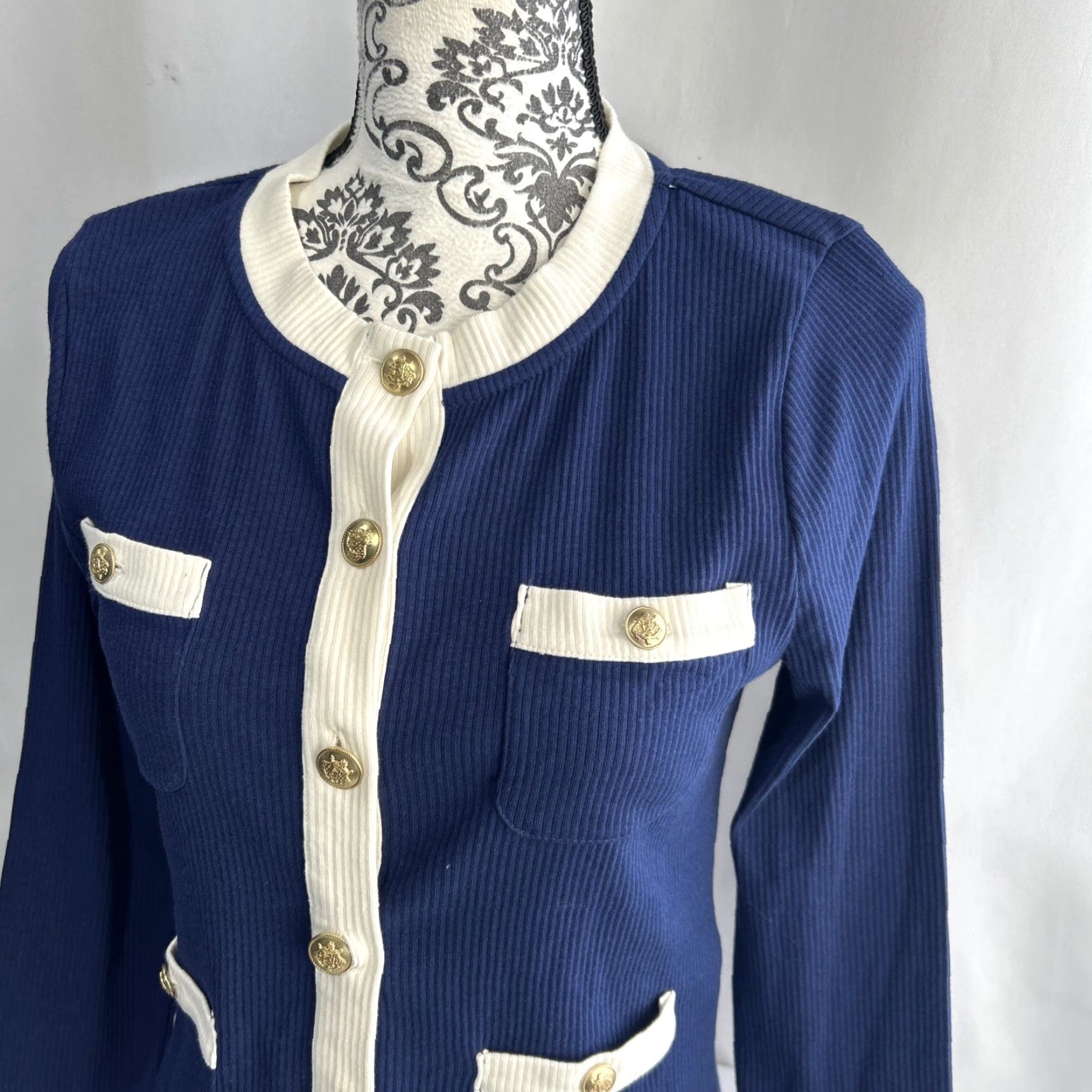 J.Crew J.CREW Cardigan Stripe Gold Crest Button Rib Knit Blue M Women Regular Pockets Lightweight Vintage No Size M / US 6-8 / IT 42-44 - 2 Thumbnail