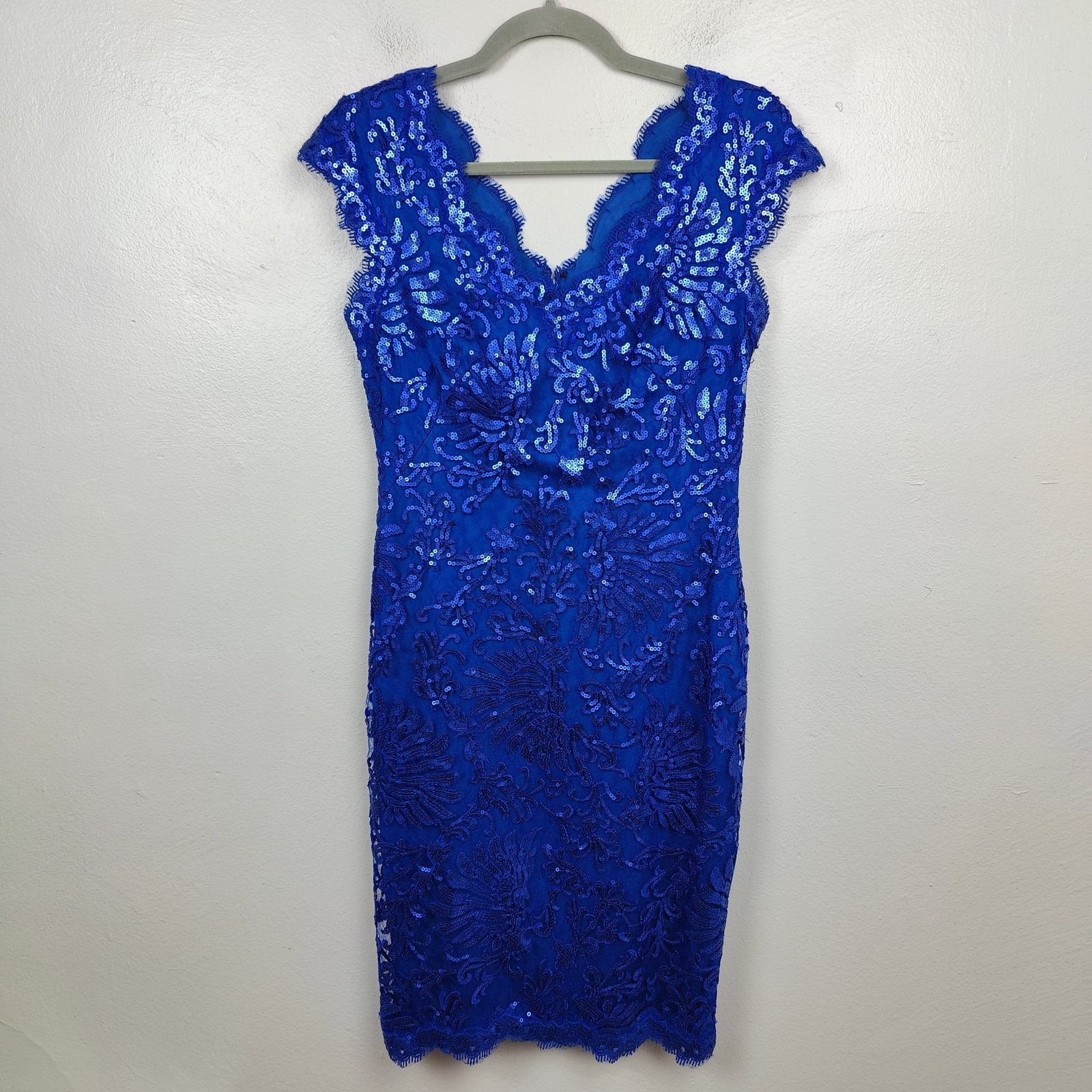 Tadashi Shoji Tadashi Shoji Dress Womens 4 Royal Blue Sequin Lace V-Neck Size S / US 4 / IT 40 - 1 Thumbnail