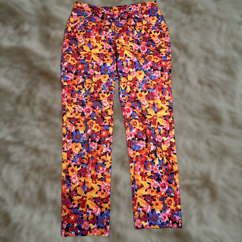 Vintage Tyler Boe Women's Floral Pants Straight Leg Casual Party Sz 4 Red Orange Cotton Blend Inseam 28.5in Womens Size 27" / US 4 / IT 40 - 1 Thumbnail