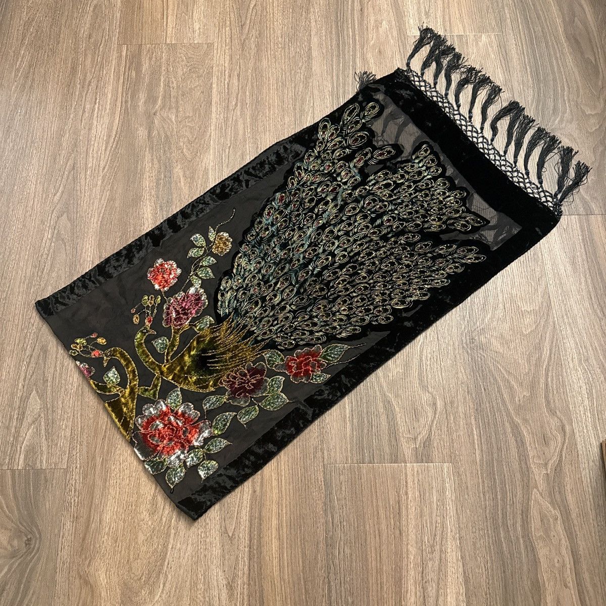 Vintage 100% silk, large fringe peacock, embroidered scarf Size ONE SIZE - 1 Thumbnail