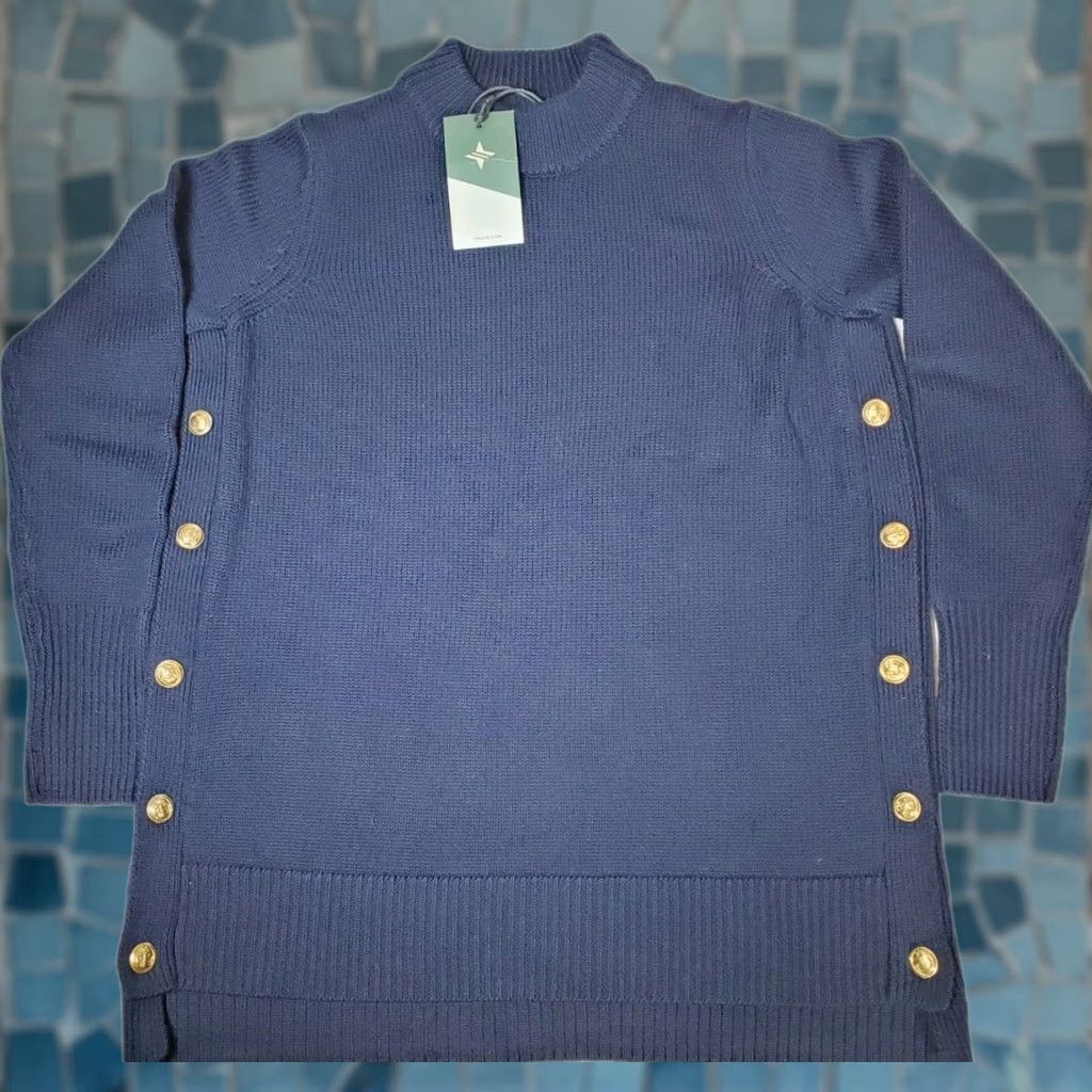 Vintage Tuckernuck Wool Bexley Crew Sweatert Women XS Navy Long Sleeve Gold Buttons Crew Neck Pullover 100% Wool NWT Vintage: No Size XS / US 0-2 / IT 36-38 - 1 Thumbnail