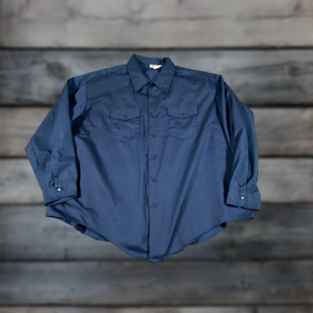 Vintage VTG Key Imperial Work Shirt Adults 19-20 Big Dark Blue Lightweight Workwear Button-Up Cotton Polyester Blend Casual, 80s 90s Grunge Retro Mens Size US XXL / EU 58 / 5 - 1 Thumbnail