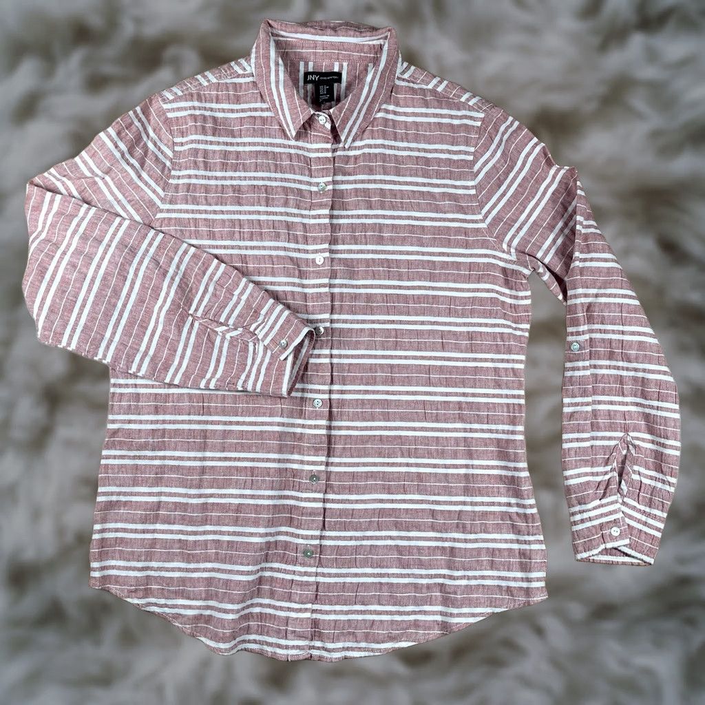 Jones New York JNY Jones NY Linen Blend Striped Long Roll Tab Sleeve Button Up Shirt Womens M Pink Shirt Ladies M Size M / US 6-8 / IT 42-44 - 1 Thumbnail
