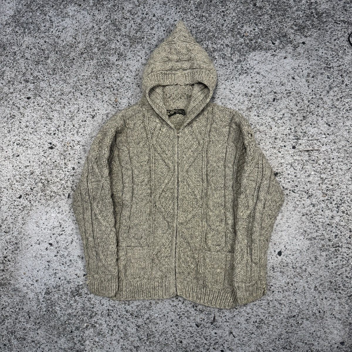 Vintage Wool Cable Knit Zip Up Hoodie Beige RRL ERD Grunge