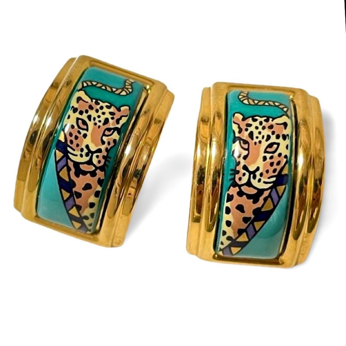 Hermes Vintage Hermes cloisonne enamel golden earrings with panther Size ONE SIZE - 1 Thumbnail