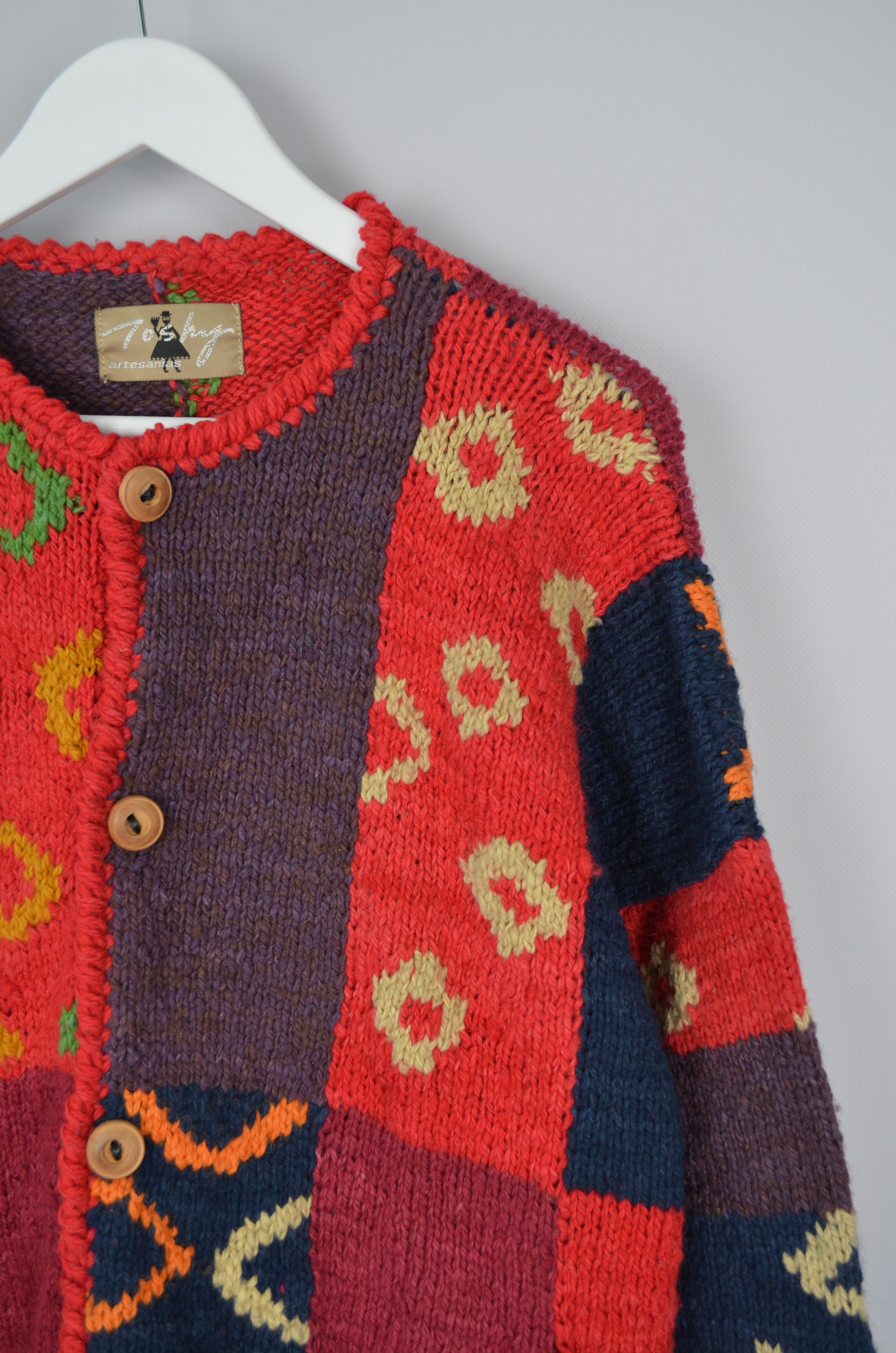 Designer × Handmade Vtg Bolivian Toshy Wool Multicolor Heavy Cardigan Sweater OS Size L / US 10 / IT 46 - 7 Thumbnail