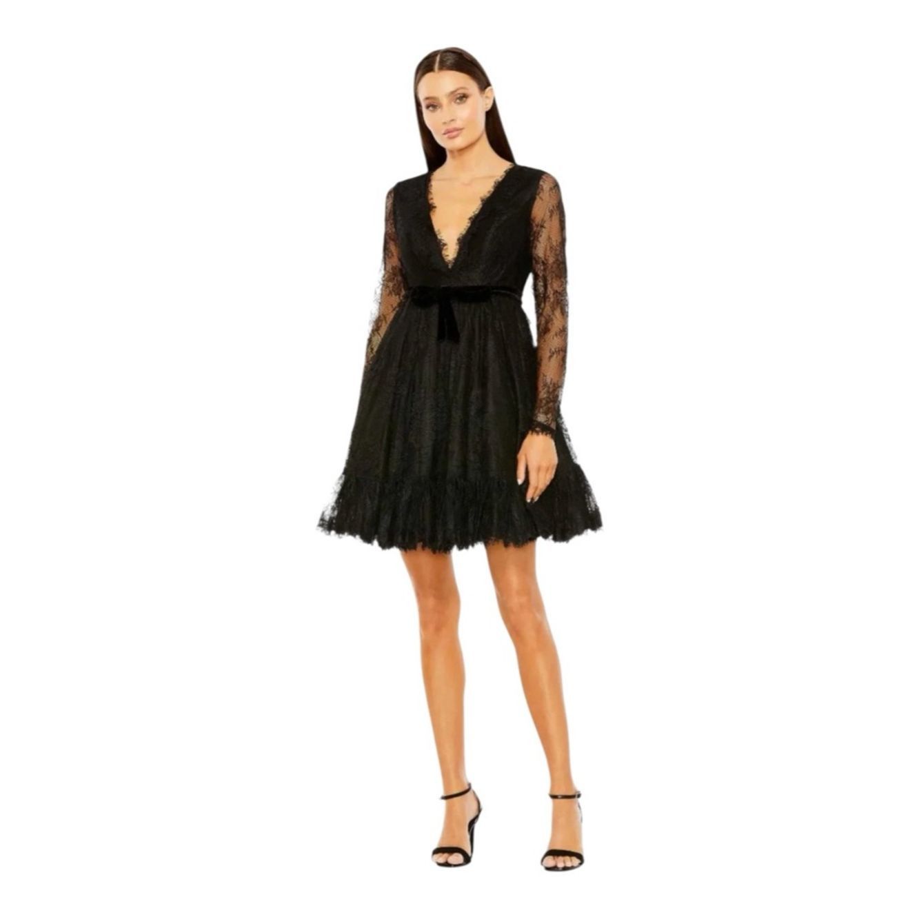 Mac Duggal Mac Duggal Black Lace Long Sleeve Mini Dress A-Line V-Neck Size M / US 6-8 / IT 42-44 - 1 Thumbnail