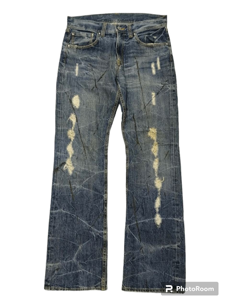 image of Distressed Denim x Hype Flare Sick Riped Splatted Unbrans Denim Pants in Blue Distressed (Size 32)