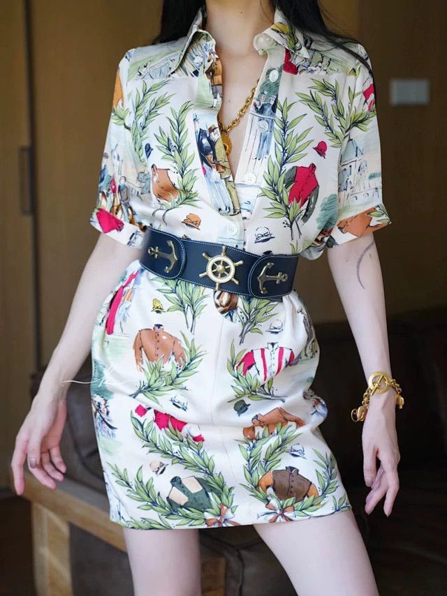 Hermes Hermes Vintage Equestrian Print Silk Shirt Dress (White, 36) Size XS / US 0-2 / IT 36-38 - 2 Thumbnail