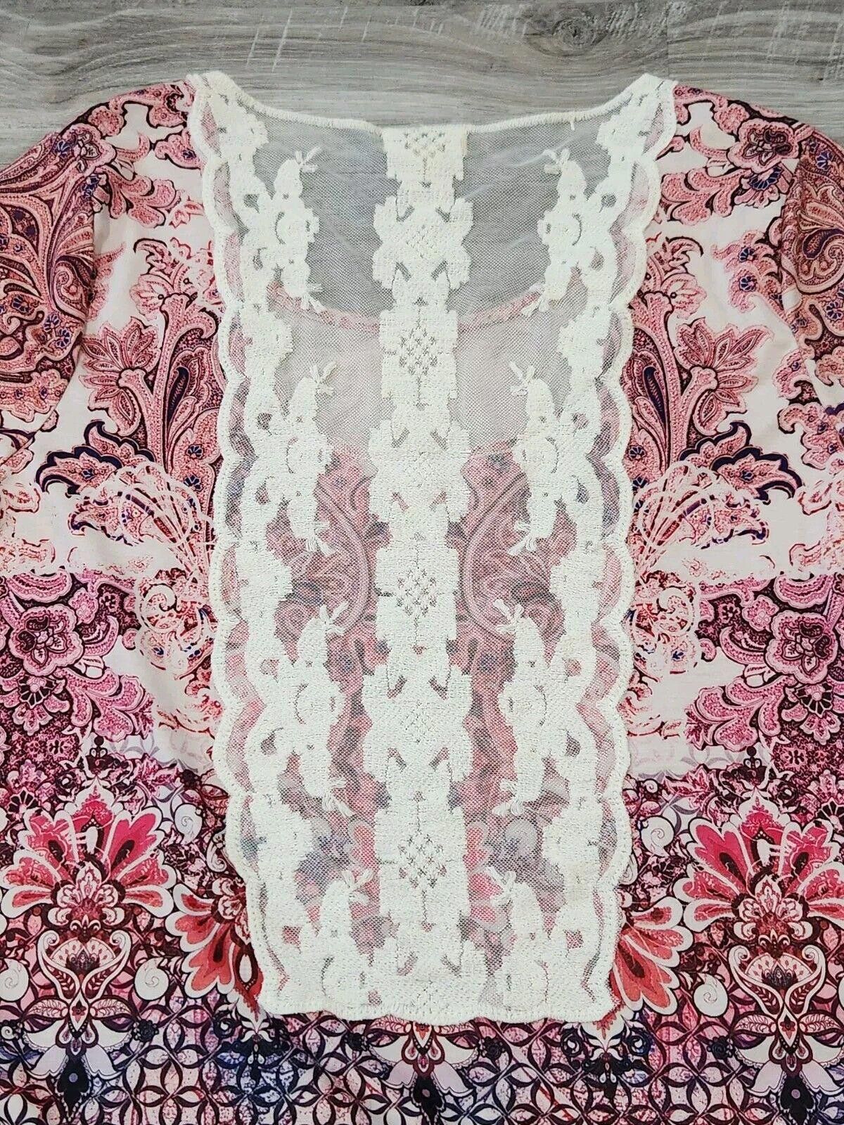 Designer One World Top Extra Large Boho Hippie Lace 3/4 Sleeves Pink Size XL / US 12-14 / IT 48-50 - 3 Thumbnail